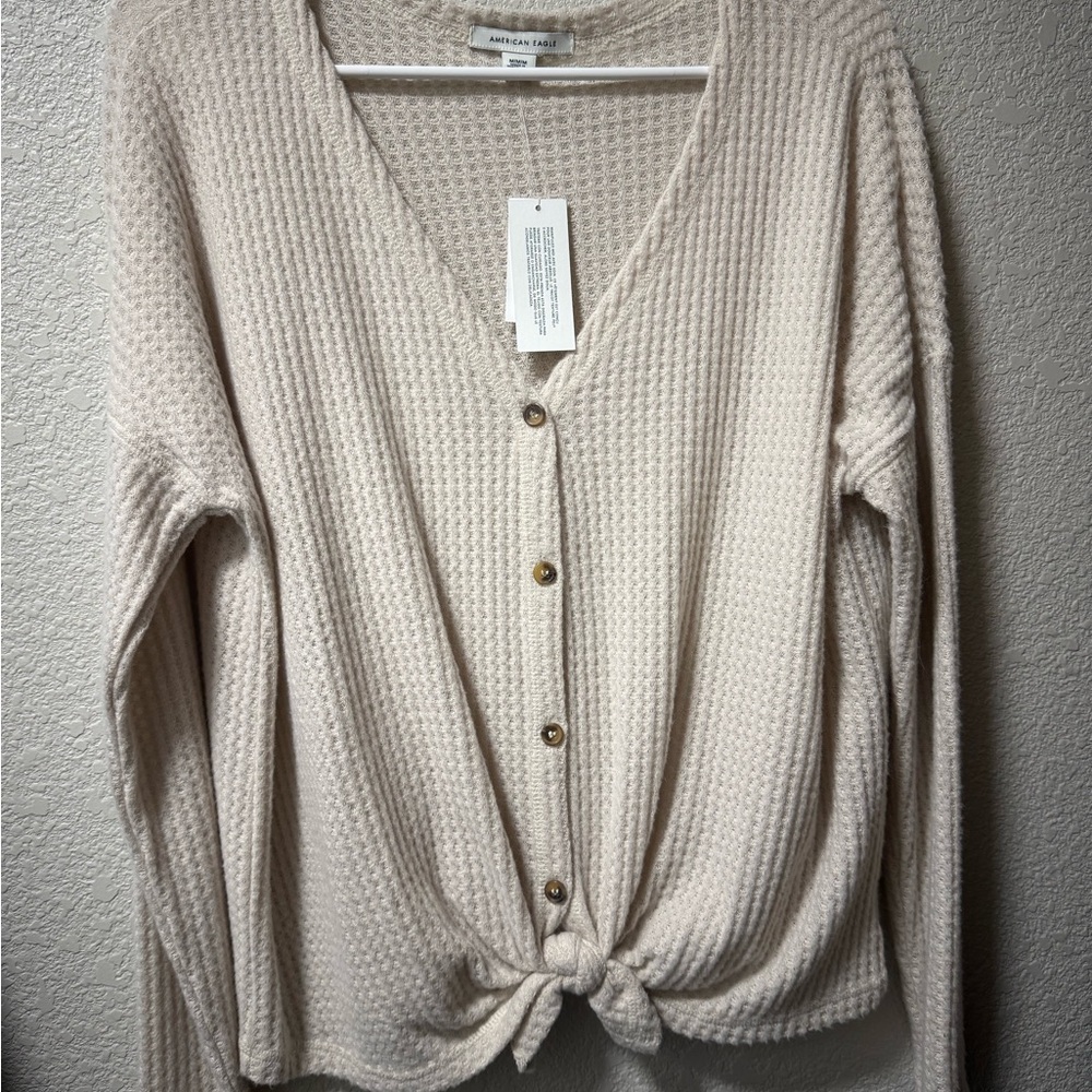 American Eagle Outfitters Cream Cardigan with V-Neck and Tie Detail